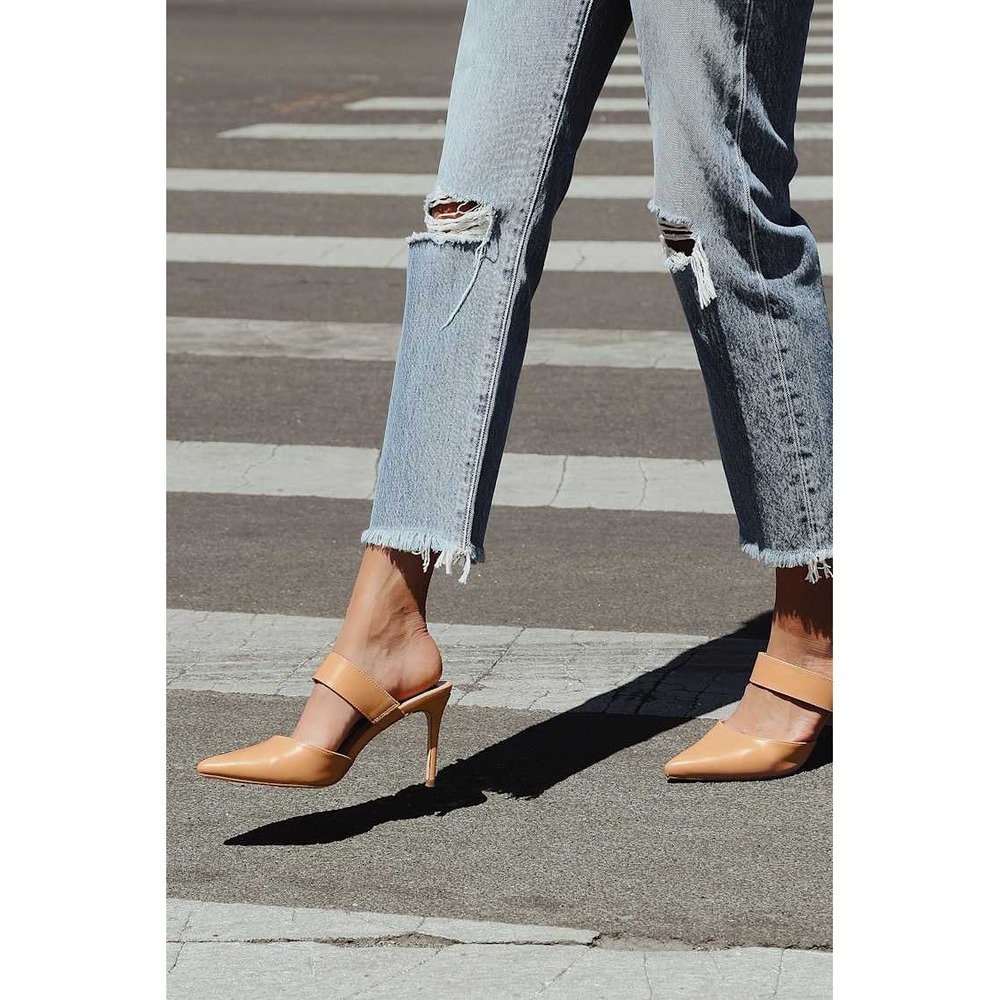 Lulus Faire Tan Vegan Leather Pointed Toe Mules Stiletto Heels Size 8